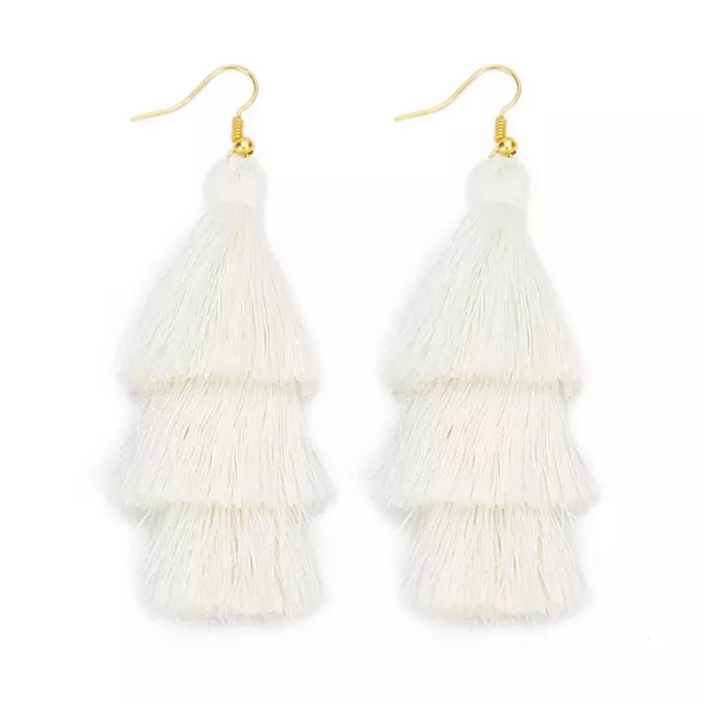 Bohemian 3- Layered Tassel Fringe Earrings- Beige